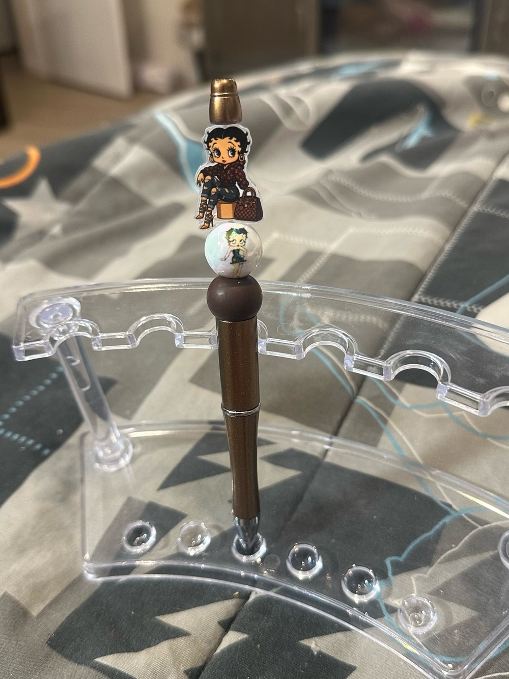 Brown Decorative Bead Top Pen - Brown with White Accent